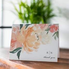 Elegant Soft Peach Floral Monogram Wedding Bedankkaart