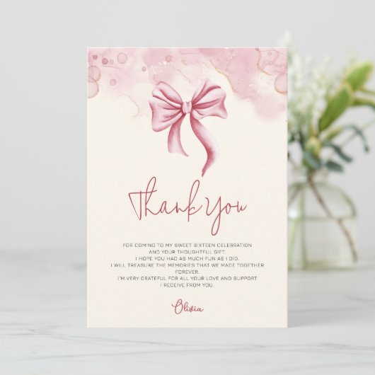 Elegant Soft Pink Bow Sweet 16 Bedankkaart (Staand voorkant)