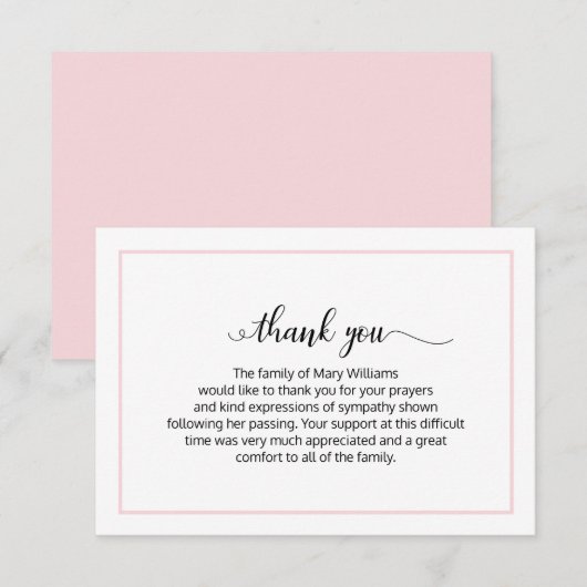 Elegant Soft Pink Calligraphy Funeral Hartelijk da Bedankkaart (Voorkant / Achterkant)