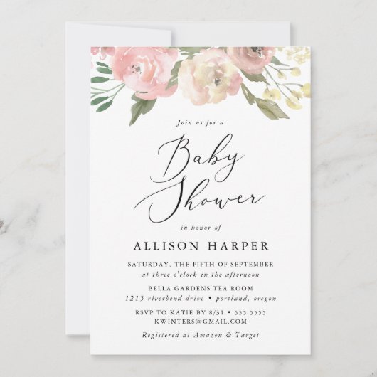 Elegant Soft Pink Floral Baby shower Kaart (Voorkant)