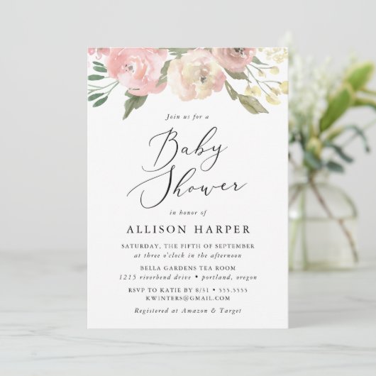 Elegant Soft Pink Floral Baby shower Kaart (Staand voorkant)