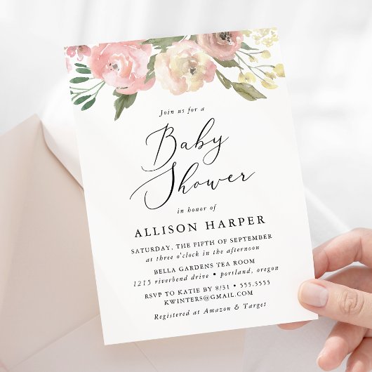 Elegant Soft Pink Floral Baby shower Kaart