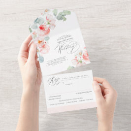 Elegant Soft Pink Flowers Boho Wedding All In One Uitnodiging