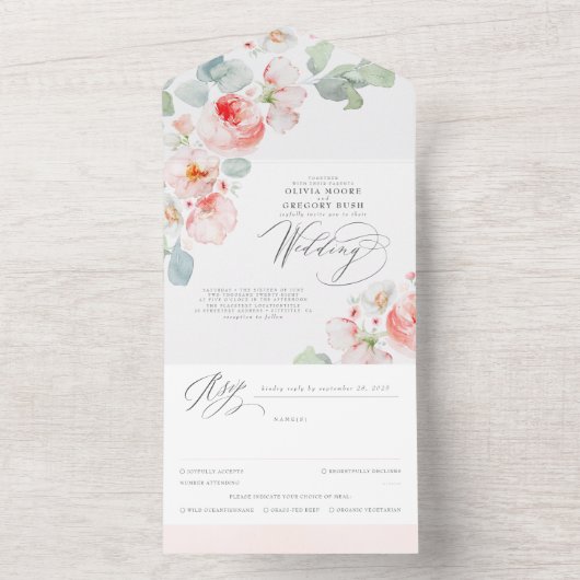 Elegant Soft Pink Flowers Boho Wedding All In One Uitnodiging (Binnen)