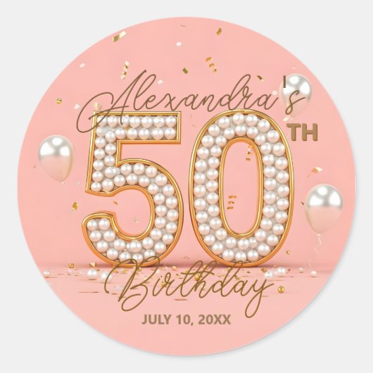 Elegant Soft Pink Gold Pearly 50th Birthday Ronde Sticker (Voorkant)