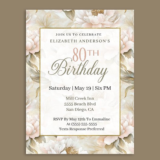 Elegant Soft Pink Ivory Peony 80th Birthday  Kaart
