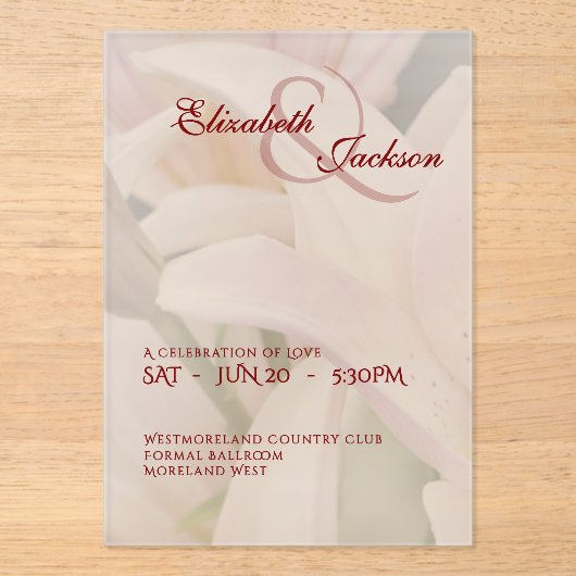 Elegant Soft Romantic Floral Lily Script Wedding Acryl Uitnodigingen (Voorkant)