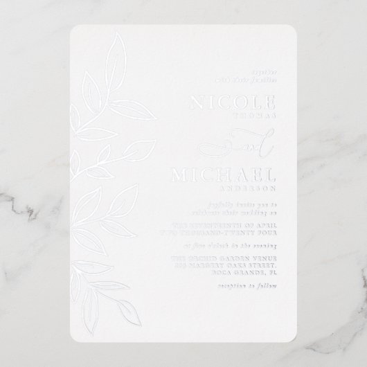 Elegant Soft Violet Minimal Silver Leaf Wedding Folie Uitnodiging (Voorkant)