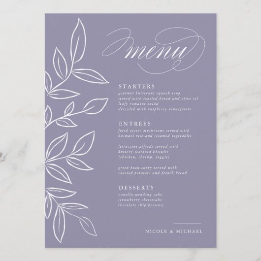 Elegant Soft Violet Minimalist Leaves Wedding Menu (Voorkant)