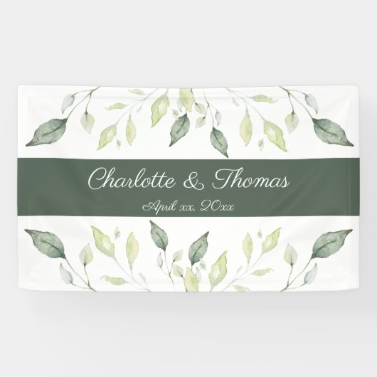 Elegant Soft Waterverf Green Leaves Wedding Spandoek (Horizontaal)