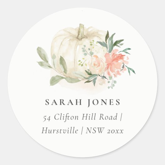 Elegant Soft White Pumpkin Blush Floral Address Ronde Sticker (Voorkant)