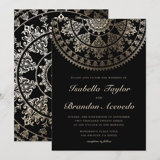 Elegant Solar Mandala Wedding Invitting Gold Kaart (Voorkant / Achterkant)