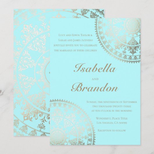 Elegant Solar Mandala Wedding Invitting Gold Kaart (Voorkant / Achterkant)