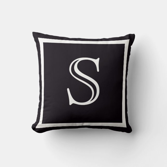 Elegant Solid Black en White Monogramed Kussen (Voorkant)