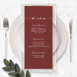 Elegant Solid Color Dark Wine Cinnamon Red Weddens Menu<br><div class="desc">Elegant, donkerkleurig, donkerkleurig, kaneel rood weddenschap. Deze moderne Kaart van het Menu van het Kanaal is eenvoudig klassiek en elegant met een duidelijke stevige kleurenachtergrond en een doopvont van de de calligrafie van het handtekeningsmanuscript met staarten. Getoond in de nieuwe Colorway. Met een monogram aan de achterkant. Beschikbaar in verscheidene...</div>