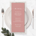 Elegant Solid Color Dusty Roos Pink Weddenschap Menu<br><div class="desc">Elegant Solid Color Dusty Roos Pink Wedding Menu. Deze moderne Kaart van het Menu van het Kanaal is eenvoudig klassiek en elegant met een duidelijke stevige kleurenachtergrond en een doopvont van de de calligrafie van het handtekeningsmanuscript met staarten. Getoond in de nieuwe Colorway. Met een monogram aan de achterkant. Beschikbaar...</div>
