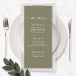 Elegant Solid Color Olive Lily Green Wedding Menu<br><div class="desc">Elegant Solid Color Olive Lily Green Wedding Menu. Deze moderne Kaart van het Menu van het Kanaal is eenvoudig klassiek en elegant met een duidelijke stevige kleurenachtergrond en een doopvont van de de calligrafie van het handtekeningsmanuscript met staarten. Getoond in de nieuwe Colorway. Met een monogram aan de achterkant. Beschikbaar...</div>