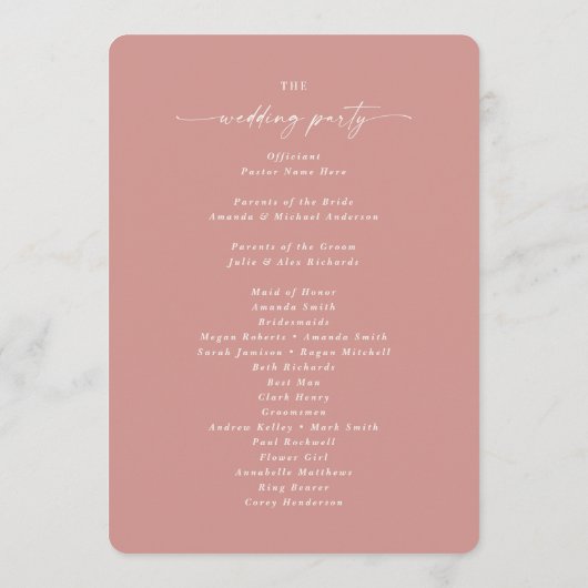 Elegant Solid Dusty Roos Wedding Ceremony Program Programmakaart (Achterkant)