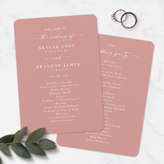 Elegant Solid Dusty Roos Wedding Ceremony Program Programmakaart