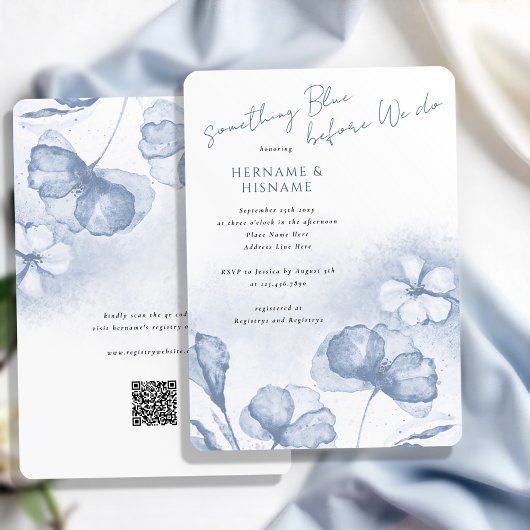 Elegant Something Blue Floral QR Vrijgezellenfeest Kaart
