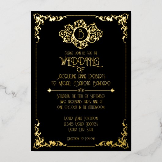 Elegant Sophisticated Art Deco Black Gold Wedding Folie Uitnodiging (Voorkant)