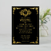 Elegant Sophisticated Art Deco Black Gold Wedding Folie Uitnodiging (Staand Voorkant)