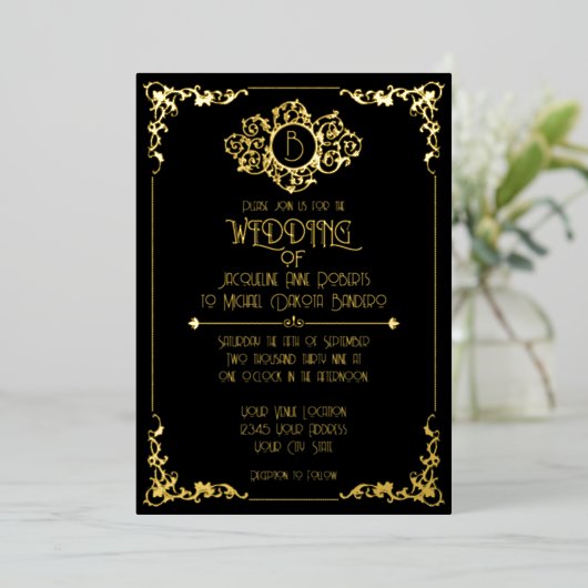 Elegant Sophisticated Art Deco Black Gold Wedding Folie Uitnodiging (Staand Voorkant)