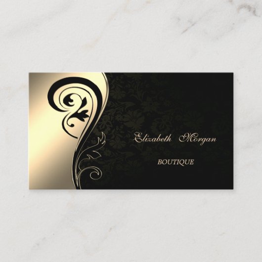 Elegant Sophisticated, Black Damask, Gold Swirl Visitekaartje (Voorkant)