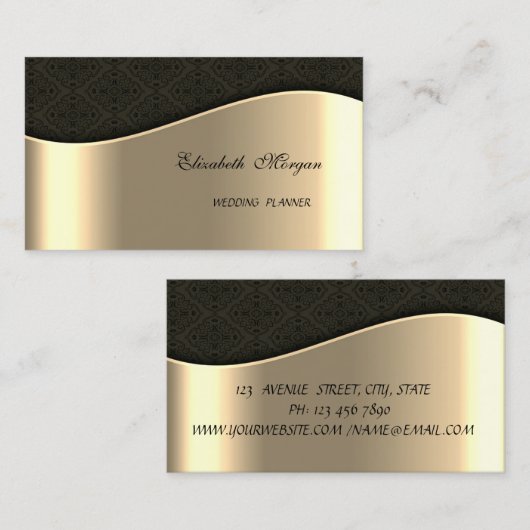 Elegant Sophisticated Faux Gold, Black Damask Visitekaartje (Voorkant / Achterkant)
