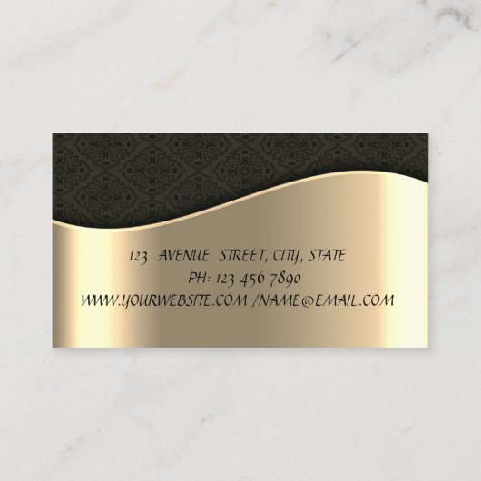 Elegant Sophisticated Faux Gold, Black Damask Visitekaartje (Achterkant)