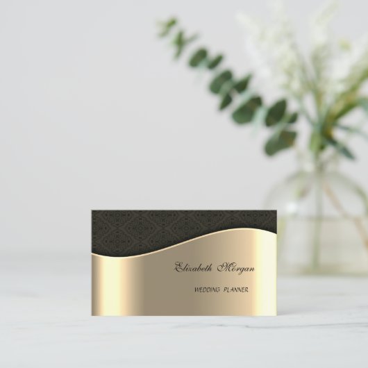 Elegant Sophisticated Faux Gold, Black Damask Visitekaartje (Staand voorkant)
