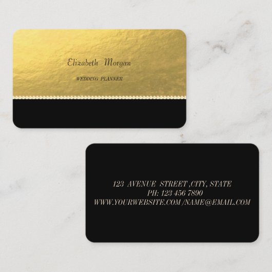 Elegant Sophisticated, Faux Gold, Pearls, Black Visitekaartje (Voorkant / Achterkant)