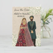 Elegant South Asian Illustrated Couple Save The Date (Staand voorkant)