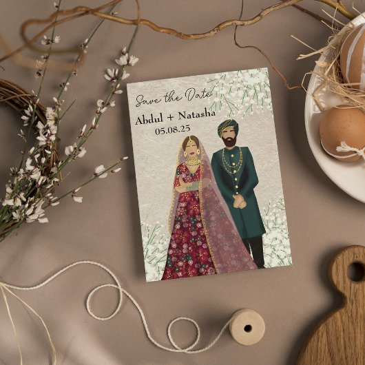 Elegant South Asian Illustrated Couple Save The Date