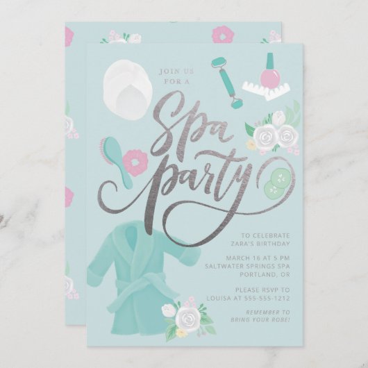 Elegant Spa Party Invitation Blue w/faux Silver Kaart (Voorkant / Achterkant)