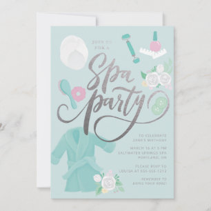 Elegant Spa Party Invitation Blue w/faux Silver Kaart