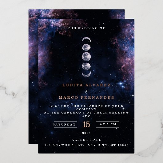 Elegant Space Theme Astronomy Moon Wedding Invitat Folie Uitnodiging (Voorkant / Achterkant)