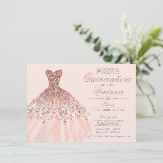 Elegant Spain Quinceañera Mis Quince Pink Rose Kaart (Staand voorkant)