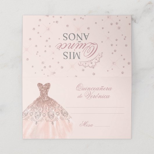 Elegant Spain Quinceañera Mis Quince Pink Rose Plaatskaartje (Buitenkant ongevouwen)