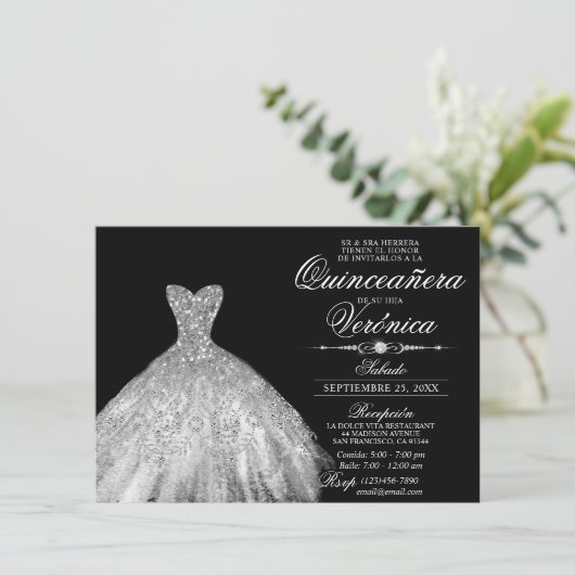Elegant Spain Quinceañera Mis Quince Silver Kaart (Staand voorkant)