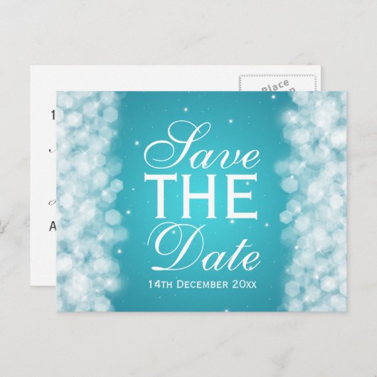 Elegant sparen de Datum van de partij Sparkle Turq Aankondigingskaart (Voorkant / Achterkant)