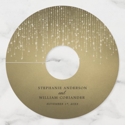 Elegant Sparging String Lights Gold Wedding Wijnglaslabel (Voorkant)