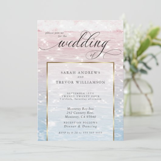 Elegant Sparking Ocean Beach Wedding Invitation Kaart (Staand voorkant)