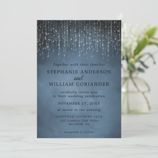 Elegant Sparking String Lights Navy Blue Wedding Kaart (Staand voorkant)