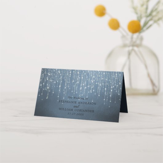 Elegant Sparking String Lights Navy Blue Wedding Plaatskaartje (Achterkant)