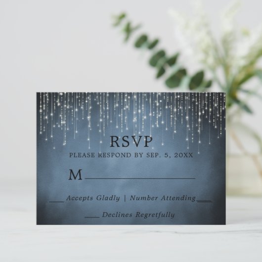 Elegant Sparking String Lights Navy Blue Wedding RSVP Kaartje (Staand voorkant)