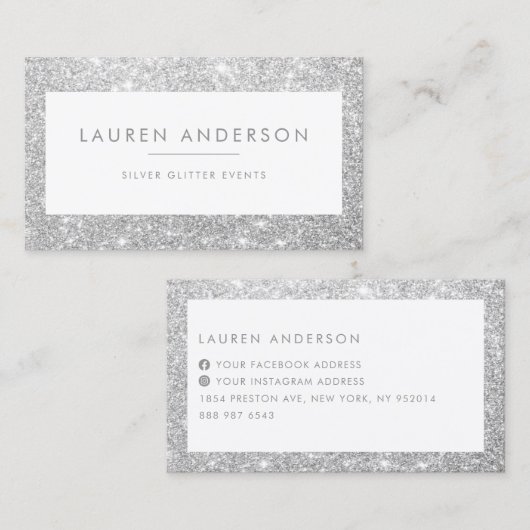 Elegant Sparkle and Shine Silver Glitter Salon Visitekaartje (Voorkant / Achterkant)