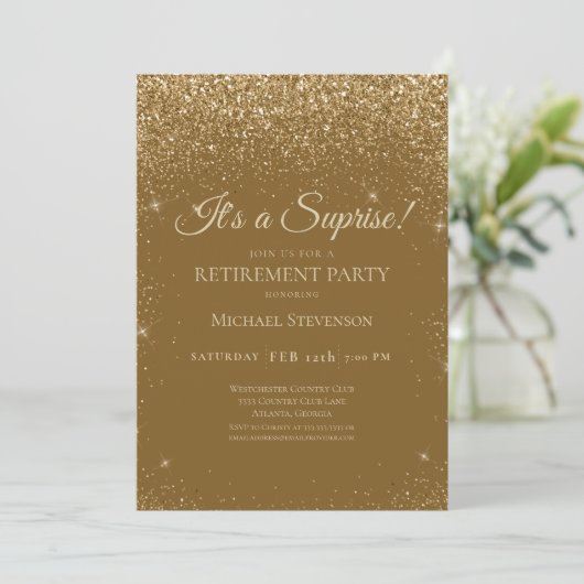 Elegant Sparkle Gold Surprise Retirement Party Kaart (Staand voorkant)
