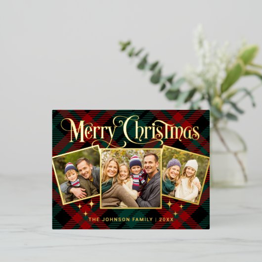 Elegant Sparkle Kerstmis 3 PHOTO Greep Gold Folie Feestdagen Briefkaart (Staand Voorkant)