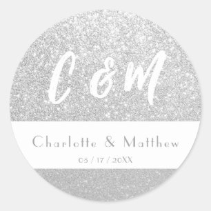 Elegant Sparkle Silver Glitter Wedding Ronde Sticker